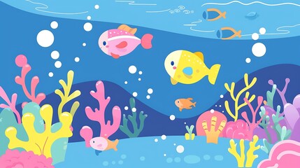 Colorful Cartoon Underwater Scene with Fish and Coral Reef