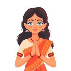 A charming cartoon illustration of an Indian woman in a traditional sari, performing the Namaste gesture. Perfect for cultural content, greeting cards, and Indian traditions