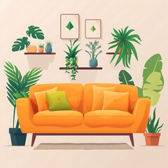 Modern Yellow Sofa with Plants in Living Room