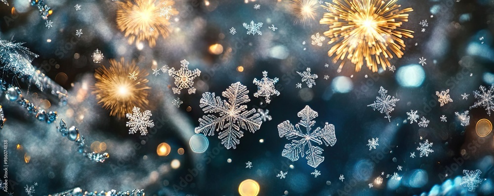 Poster captivating close-up of snowflakes and festive lights creating a magical winter atmosphere filled wi