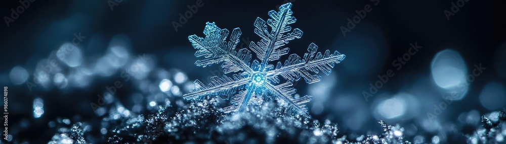 Poster a close-up of a beautifully detailed snowflake showcasing intricate patterns and sparkling frost on 