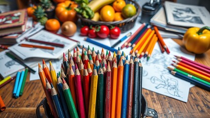 Vibrant colored pencils, markers, and crayons arranged on a wooden desk surrounded by sketchbooks, erasers, and paper, with a still-life composition of fruits and vegetables in the background.