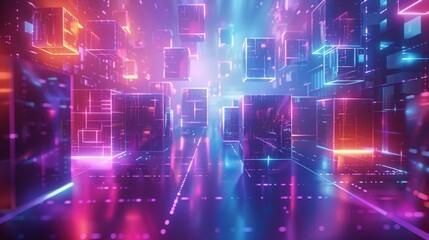 Obraz premium glowing neon grids with floating 3D shapes