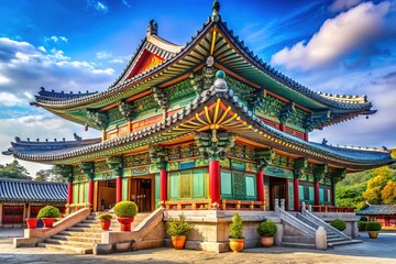 Obraz premium The ornate temple's tiled roof and vibrant decorations stand out against a brilliant blue sky, blending tradition and beauty in a masterpiece of Korean architecture.