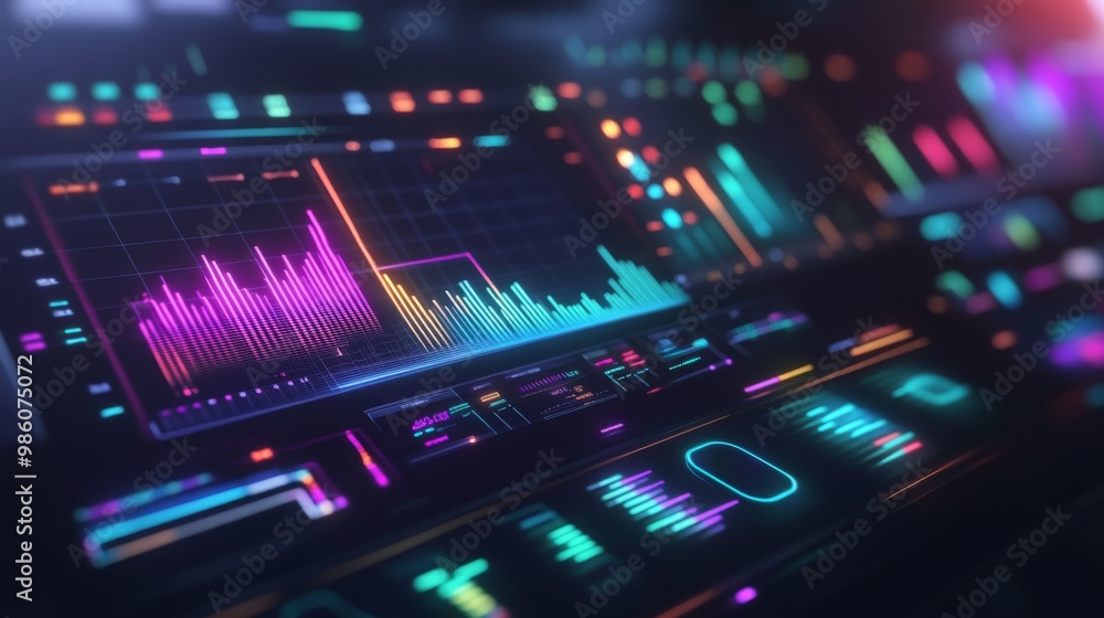 Poster A futuristic 3D graph on a digital dashboard, with neon-colored bars and lines representing market performance and analytics.