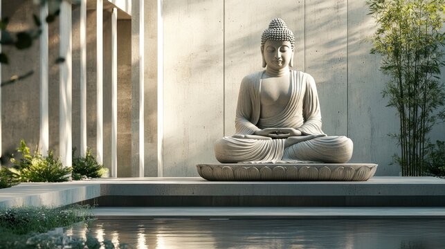 A contemporary Buddha sculpture made of polished concrete, displayed in a modern urban environment with sleek, industrial design elements. The sculpture&acirc;&euro;&trade;s minimalist form and smooth surface create a