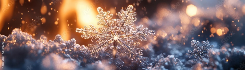Poster a stunning close-up of a delicate snowflake resting on soft snow, illuminated by warm firelight, cre