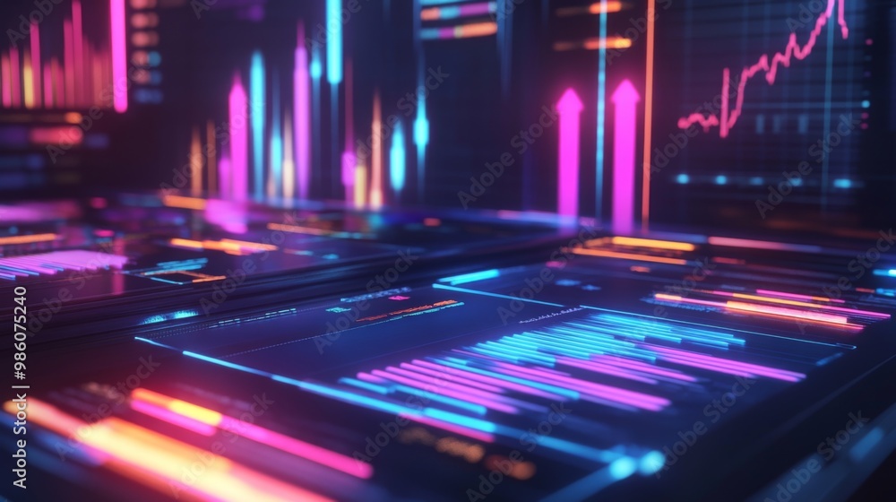 Poster A futuristic 3D graph on a digital dashboard, with neon-colored bars and lines representing market performance and analytics.