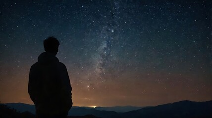 A starry night sky with a silhouette of a person gazin