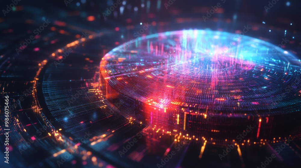Fototapete a futuristic 3d pie chart rotating in space with vivid, transparent segments and digital data stream