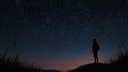 Fototapeta premium A starry night sky with a silhouette of a person gazin
