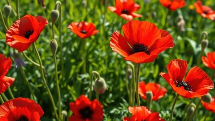 Obraz premium Vibrant red poppy flowers with delicate petals and a prominent black center bloom amidst lush greenery, radiating warmth and serenity on a sunny day.