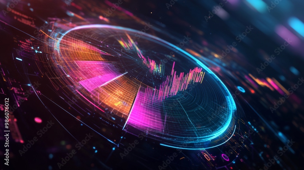 Fototapete a futuristic 3d pie chart rotating in space with vivid, transparent segments and digital data stream