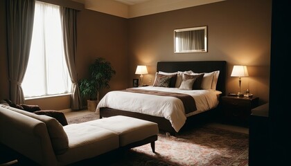 Fototapeta premium luxury bedroom design, elegant look, sofa, chair, nice setup
