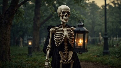 Victorian skeleton holding a lantern.