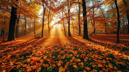 Obraz premium Warm golden light falls on a blanket of vibrant orange and yellow leaves carpeting the forest floor, contrasting with the rich green undergrowth of a misty autumn morning.
