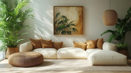 scandinavian living room oasis airy space with sleek furniture bathed in soft natural light lush plants in modern vases adding life muted color palette with pops of earthy tones
