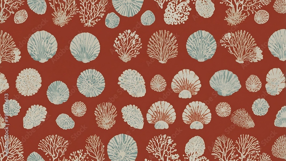 Wall mural Vintage coral and seashell pattern with white highlights.