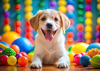 A lively puppy's tail wagged enthusiastically while her bright face beamed with delight, surrounded by a kaleidoscope of toys in every hue.