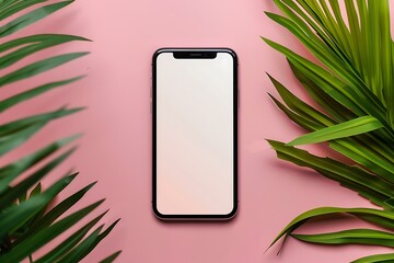 Blank Phone Screen with Palm Leaves on Pink Background