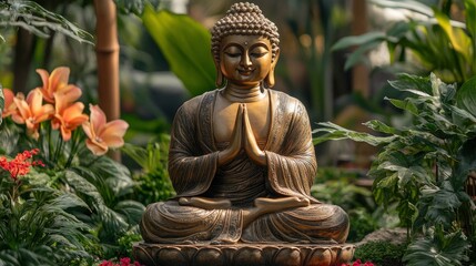Obraz premium A large, golden Buddha statue with a detailed robe, positioned in a lush, tropical garden with vibrant flowers and greenery. The statueâ€™s reflective surface catches the light, creating a warm glow.