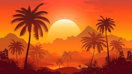 Tropical Sunset with Palm Trees and Mountains