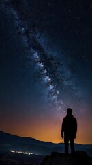 A starry night sky with a silhouette of a person gazin