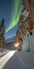 Aurora Borealis Over Snowy Mountain Pass