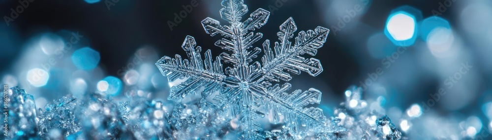 Poster a stunning close-up of a delicate snowflake resting on sparkling ice, showcasing its intricate desig