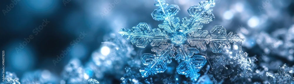 Poster close-up of a delicate snowflake, showcasing intricate patterns and glistening details against a sof