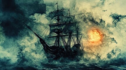A dramatic sailing ship emerges through stormy skies, with waves crashing and a glowing sunset illuminating the scene.