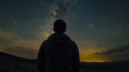 A starry night sky with a silhouette of a person gazin