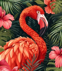 Fototapeta premium Tropical Flamingo Illustration With Hibiscus Flowers