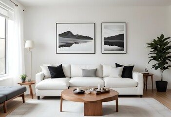 A minimalist living room with a white sectional sofa, wooden coffee table, and two framed black and white landscape photographs on the wall.