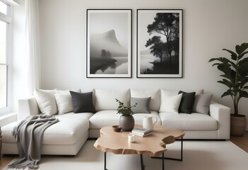 A minimalist living room with a white sectional sofa, wooden coffee table, and two framed black and white landscape photographs on the wall.