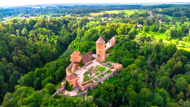 This is a drone photo from the sky of the historic Turaida castle in Sigulda, Latvia.