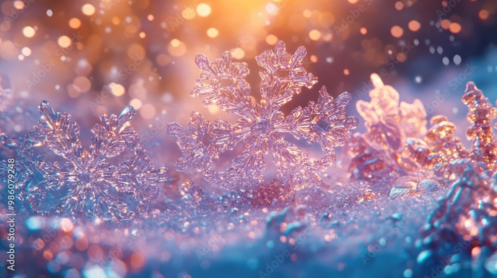 Poster a close-up of delicate snowflakes resting on a shimmering surface, with soft light creating a magica