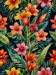 Watercolor pattern featuring vibrant tropical flowers.