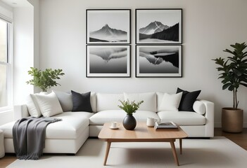 A minimalist living room with a white sectional sofa, wooden coffee table, and two framed black and white landscape photographs on the wall.