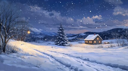 Naklejka premium A serene winter scene with snow-covered landscape, a cozy house, a Christmas tree, and softly falling snowflakes under the night sky.