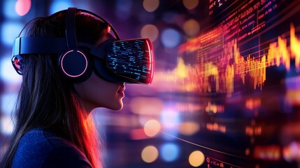 Businesswoman with VR headset analyzing virtual stock market data, Finance, Future Strategy