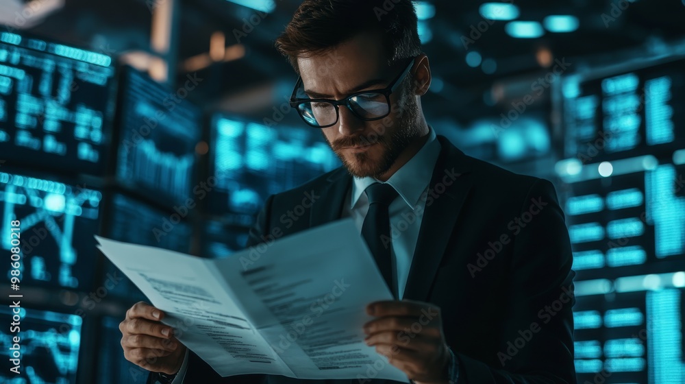 Poster a focused professional examines documents in a high-tech environment surrounded by glowing data scre