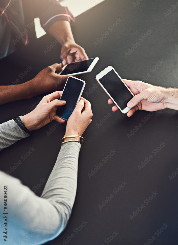Aufkleber Cellphone screen, hands and people networking in circle for information, notification and online communication. Closeup, group mockup and download smartphone app for contact, iot data or social media
