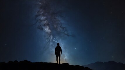 Fototapeta premium A starry night sky with a silhouette of a person gazin