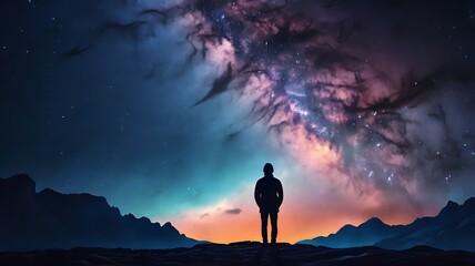Fototapeta premium A starry night sky with a silhouette of a person gazin