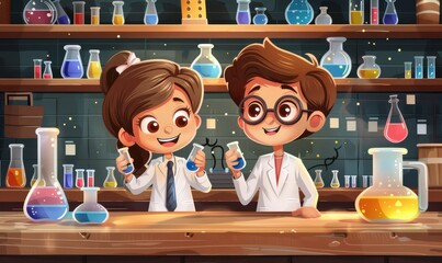 Excited children conducting chemistry experiments in a science lab.