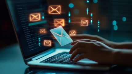 A person typing on a laptop with glowing email icons representing digital communication and messages.