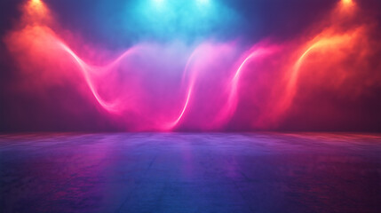 A vibrant, abstract background featuring colorful light waves in shades of blue, pink, and purple against a reflective surface, creating a mystical atmosphere.
