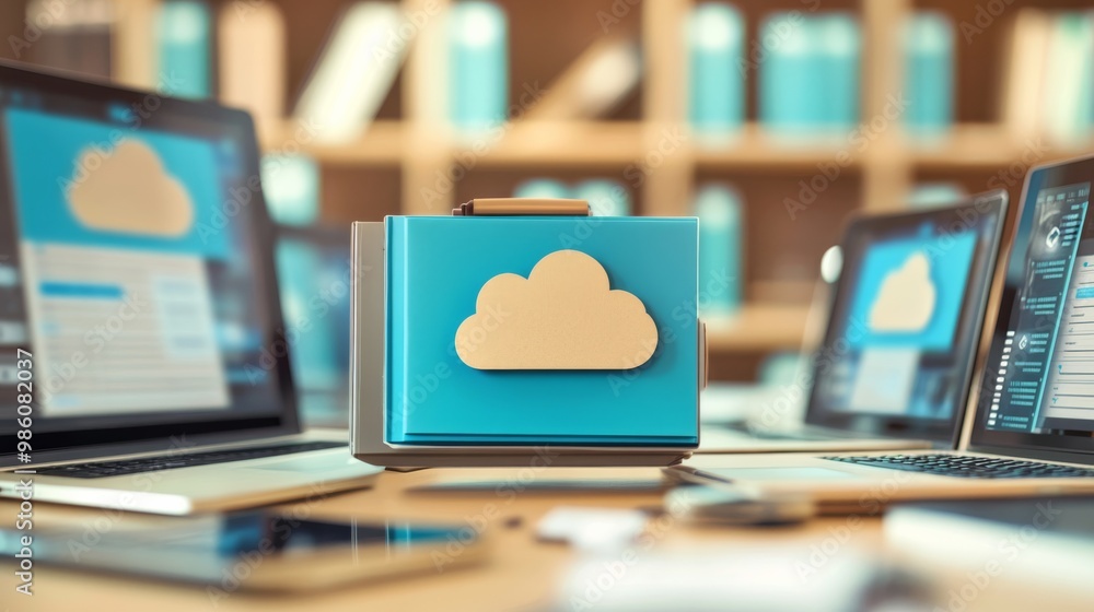 Poster a modern digital workspace showcasing a cloud storage icon amidst multiple laptops, symbolizing data