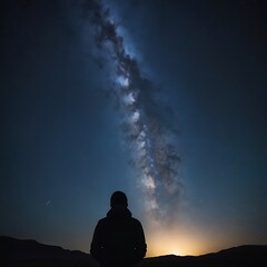 Obraz premium A starry night sky with a silhouette of a person gazin